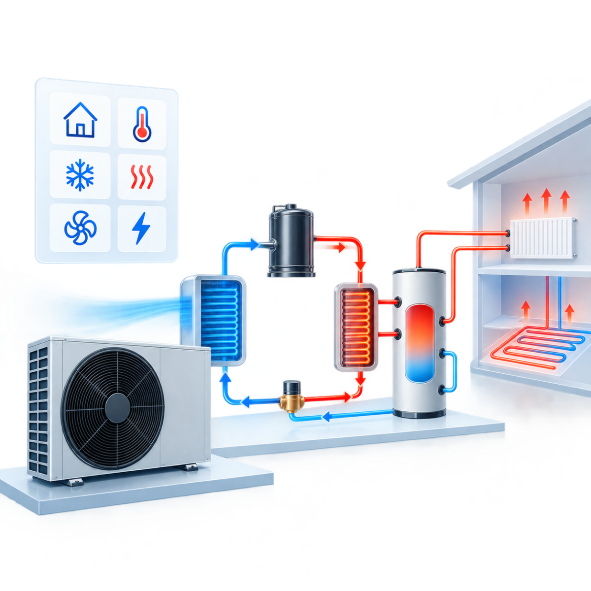 Heat pump with a capacity and COP curve against outdoor temperature