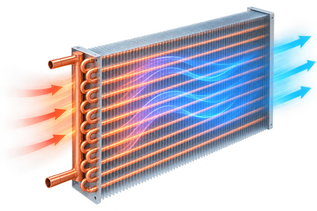 Fin-tube heater/cooler coil, dimensioned 3D model